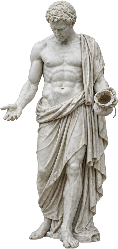 Marble figure holding an empty purse